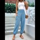 thumbnail image 4 of Pantalones de Trabajo Bohemios de Verano para Mujer, Informales, Plisados, Elásticos, de Cintura Alta, Anchos y con Bolsillos. Azul L, 4 of 9