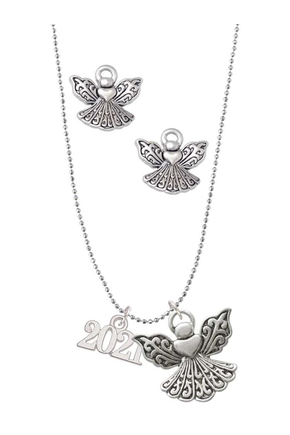 Silvertone Horizontal Year 2021 Silver tone Guardian Angel Charm Necklace and Stud Earrings