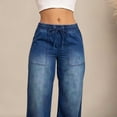 thumbnail image 5 of Drawstring Jeans Women Mid Waist Wide Leg Denim Pants Elastic Waist Pull on Classic Distressed Blue Jeans for Office Work Casual Trousers with Pockets, 5 of 7