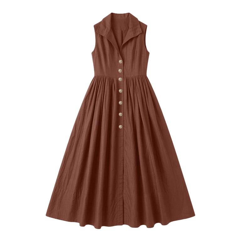 brown midi dress flowy asdoklhq Flowy Dresses for Women Midi Fashion Casual Loose Comfortable Summer Button Pocket Dress Brown 2X