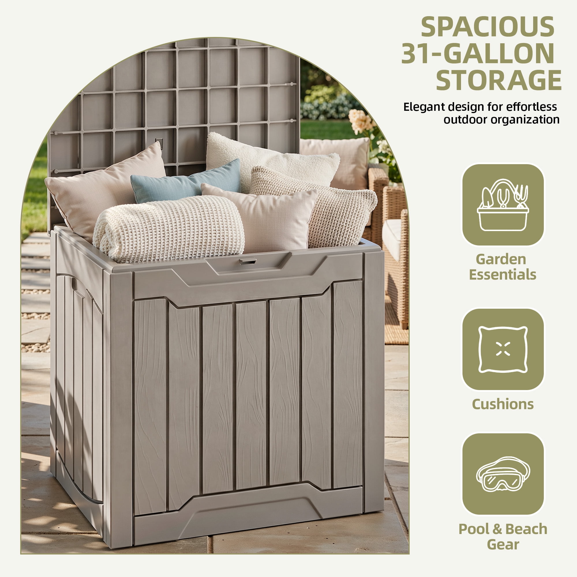 Dextrus 31 Gallon Resin Outdoor Storage Box, Waterproof Lockable Deck Box for Patio, Garden, Pool Supplies and Package Delivery, Outdoor Organizer, Light Brown
