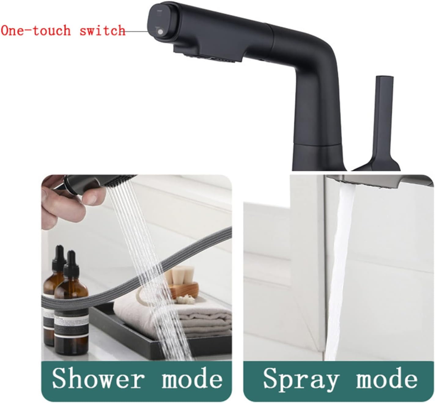 Bathroom Sink Faucet with Pull Out Sprayer, Single Hole Faucet for Bathroom Sink Brass, with 2 Modes Pull Down Sprayer, Bathroom Basin Faucet for Hot and Cold Water,Black
