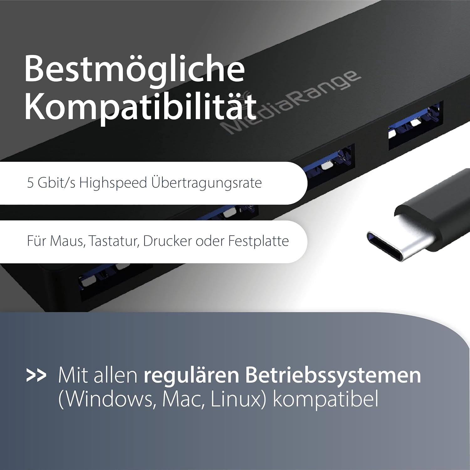 MediaRange USB Type-CTM to USB 3.0 Distributor 1:4 Bus-Powered Black