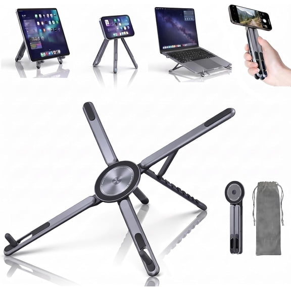 4-in-1 Foldable Magnetic Device Stand, Adjustable Aluminum Alloy Laptop Stand with Magnetic Phone Holder & Tablet Support, Portable Ergonomic Stand for Home Office, Travel and Vlogging
