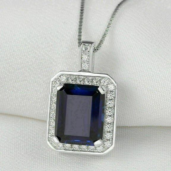 2Ct Emerald Cut Lab Created Blue Sapphire Pendant 14K White Gold Plated Silver