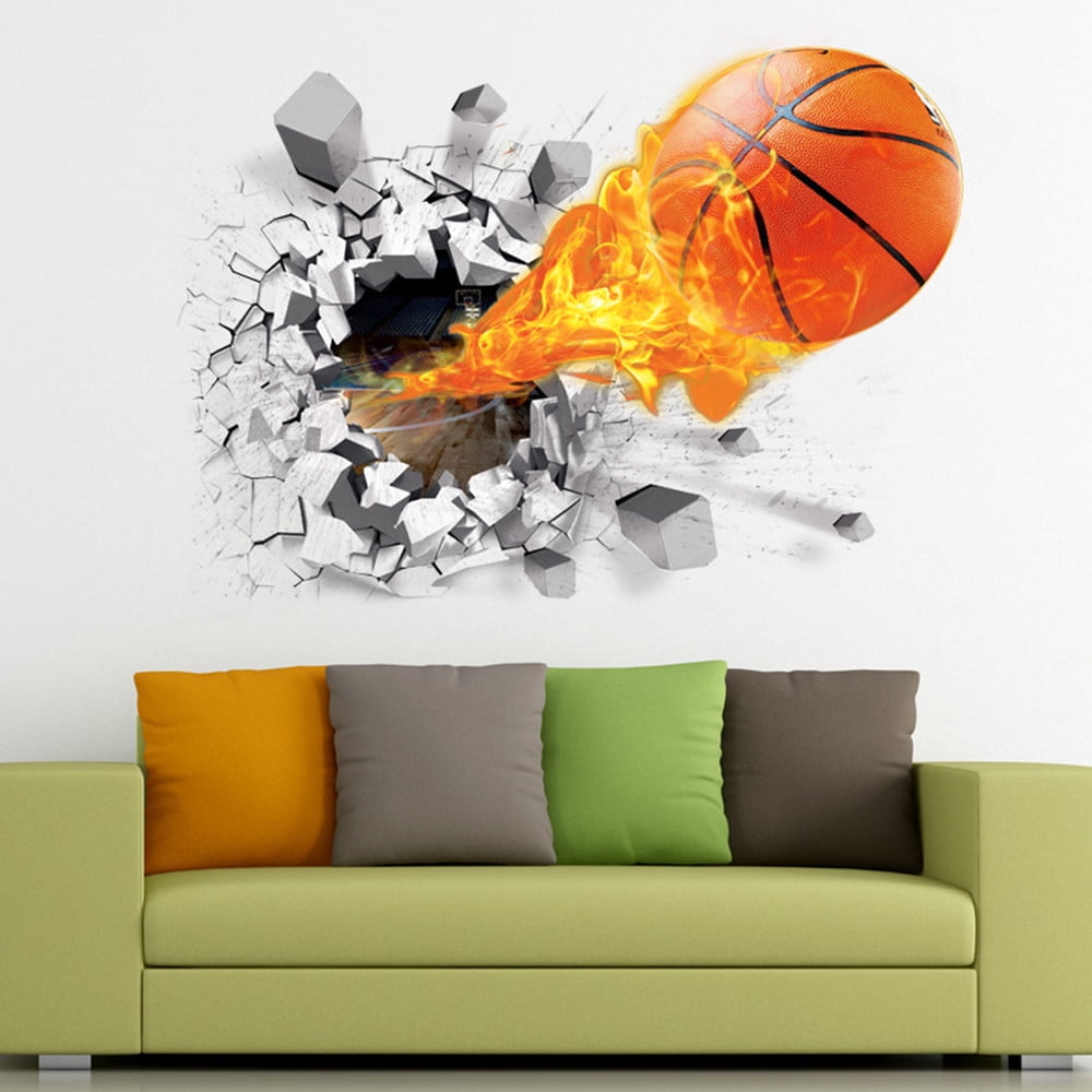 Sports Theme Wall Stickers 3D Broken Wall Basketball Stickers Sports TV Home Background Stickers Decoration Children's Room Living Room Classroom