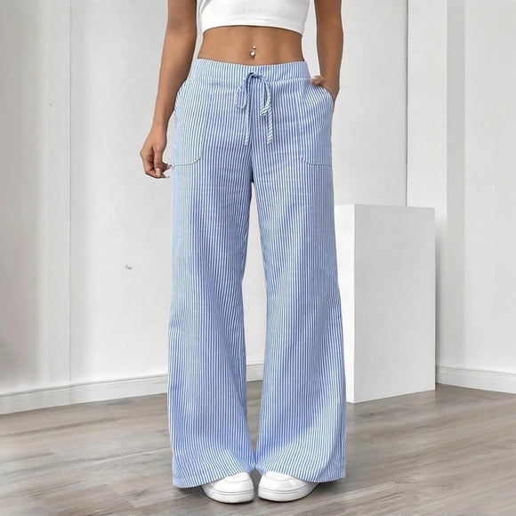 Nfurl Women's Striped Cotton Linen Pants Summer Travel Vacation Beach Straight Leg Pants Dressy Casual Trousers with Pockets Ladies Linen Pants Sky Blue L