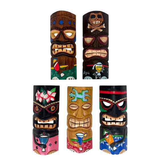 Zeckos 12 inch Hand Carved Tropical Tiki Mask Coastal Wall Decor Set of 5