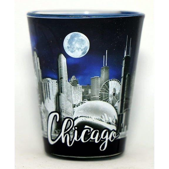 Chicago Illinois Night Moon Outside Blue Skyline Inside Shot Glass