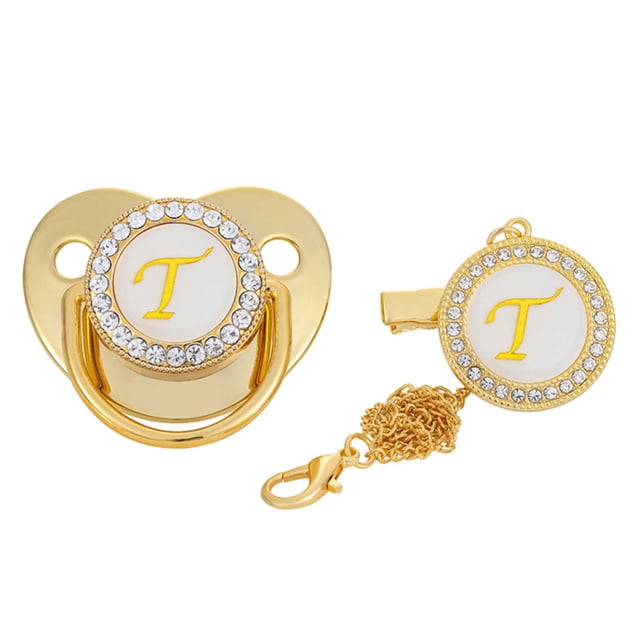 DPTALR Baby Pacifier 26 Letter Name Initials Clip Silicone Baby Pacifier Golden Shiny Newborn Pacifier