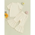 thumbnail image 5 of Musuos Toddler Girl Summer Outfits 1-5T Short Sleeve Ribbed Knit Tops T-Shirts Solid Color Elastic Waist Flare Pants 2Pcs Clothes Set, 5 of 10