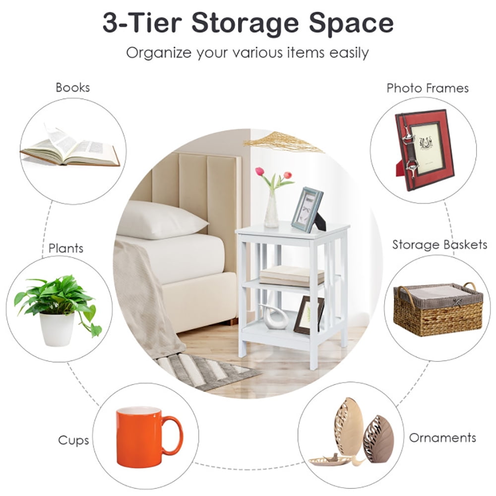Finihen Side Table, Sofa Side Table, Bed Side Table, 3-Tier Nightstand Sofa Side Table with Baffles and Round Corners, for Living Room, Bedroom, White