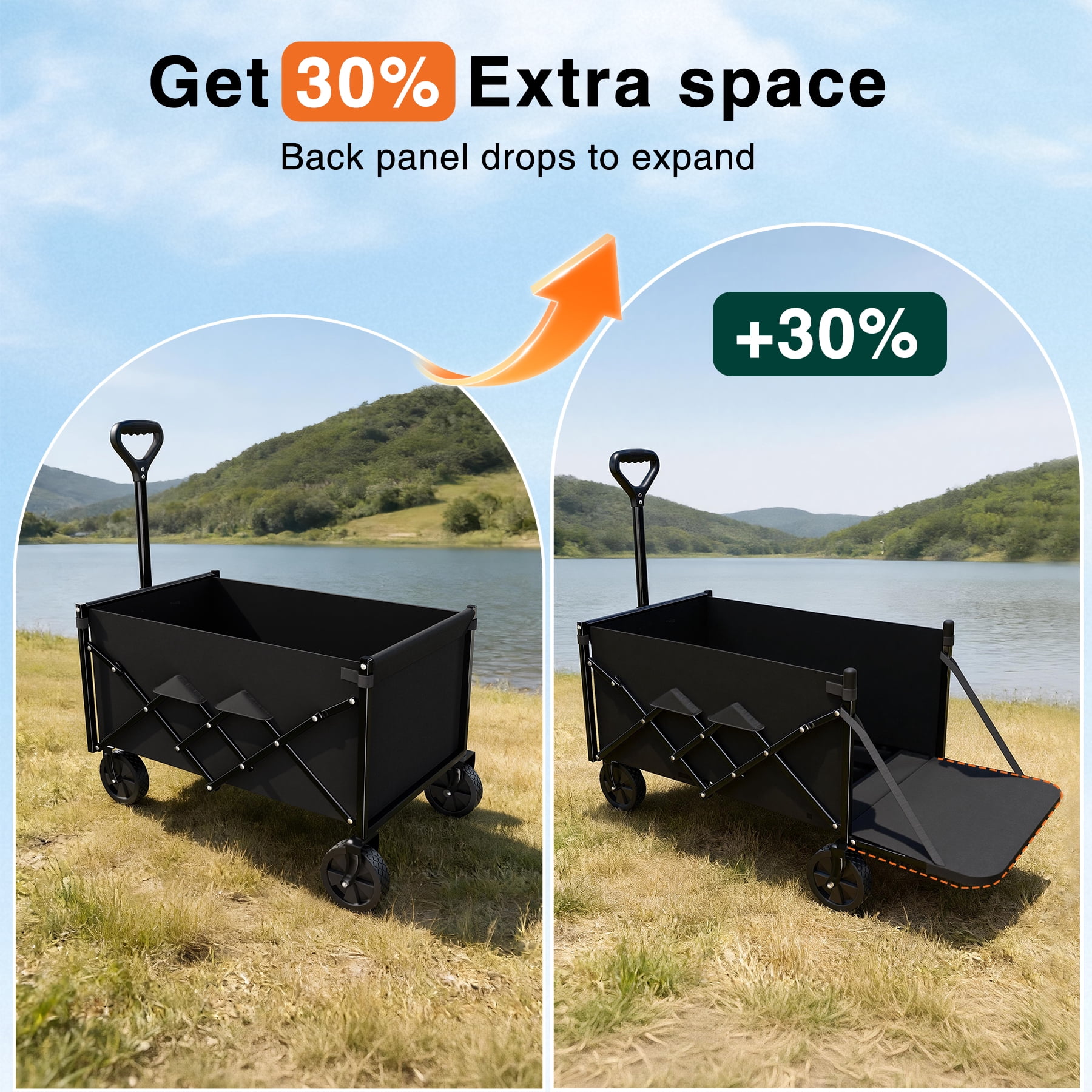 Favoyard 330lbs Collapsible Wagon with Extended Tailgate,All‑Terrain Wheels & Drink Holders for Garden Camping Beach, Black