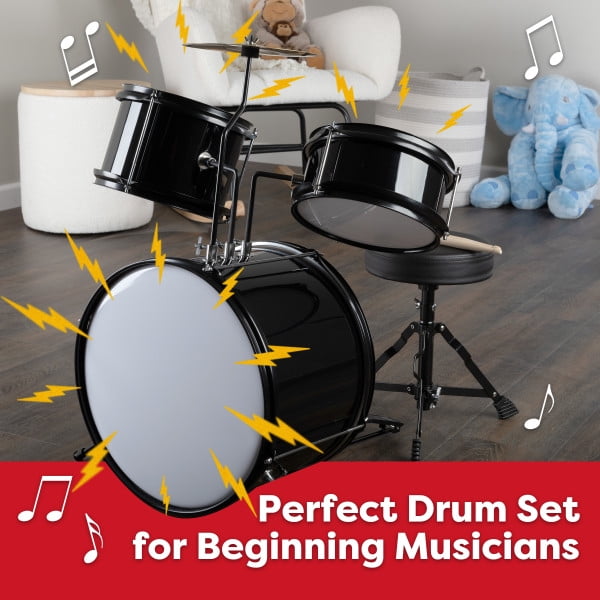Kids Drum Set - 3-Piece Drum Kit with Cymbal, 2 Toms, Bass Drum and Pedal, Drumsticks, and Throne - Beginner Musical Instruments by Hey! Play!