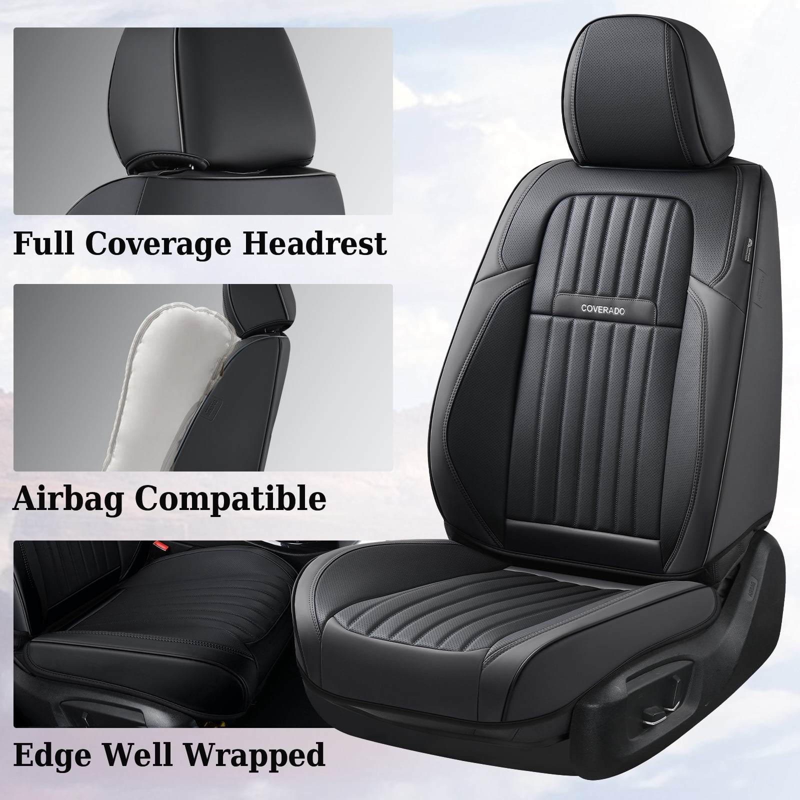 Coverado Car Seat Covers Full Set, Black Front and Rear Seat Protectors, Waterproof Faux Leather Universal Fit for Most Cars