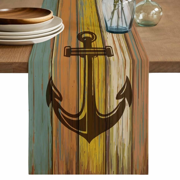 Table Runner 72 Inches Long for Kitchen Dining, Nautical Anchor Dresser Scarf Farmhouse, Dining Table Decorations for Wedding/Parties, Farmhouse Vintage Old Wooden Grain 13 x 72 In
