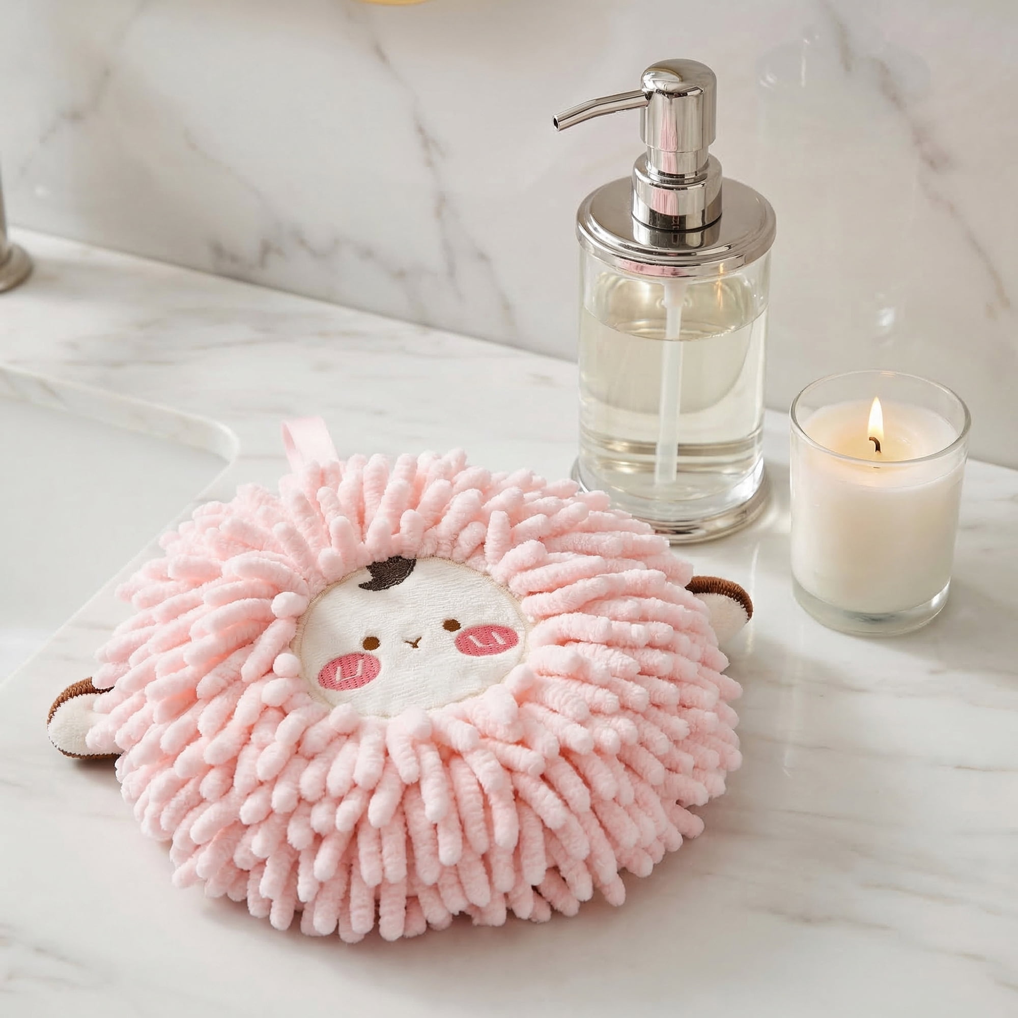 Unique Bargains Cute Sheep Animal Chenille Soft Hanging Hand Towel Pink 6" x 6"