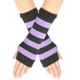 thumbnail image 1 of Zhuge Guantes sin dedos para mujer, guantes sin dedos con orificio para el pulgar, cálidos para invierno para mujeres y hombres, rayas anchas negras y moradas, 1 of 4