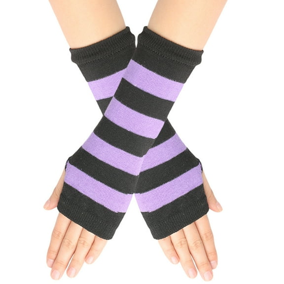 Firefly Hope Fingerless Gloves for Women Wrist Fingerless Gloves with Thumb Hole Winter Warm Fingerless Gloves Stretchy Half Finger Gloves for Women Men-Black Purple Wide stripe