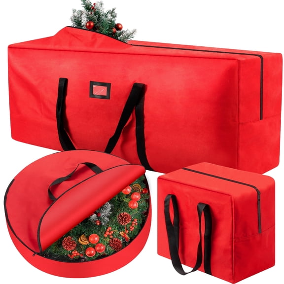 Yexmas 3 Pack Large Christmas Tree Storage Bag,Fits up to 7.5 ft Artificial Trees,Christmas Wreath Garland Storage Bag,Christmas Ornament Storage Box,Reinforced Handles & Zipper,Red