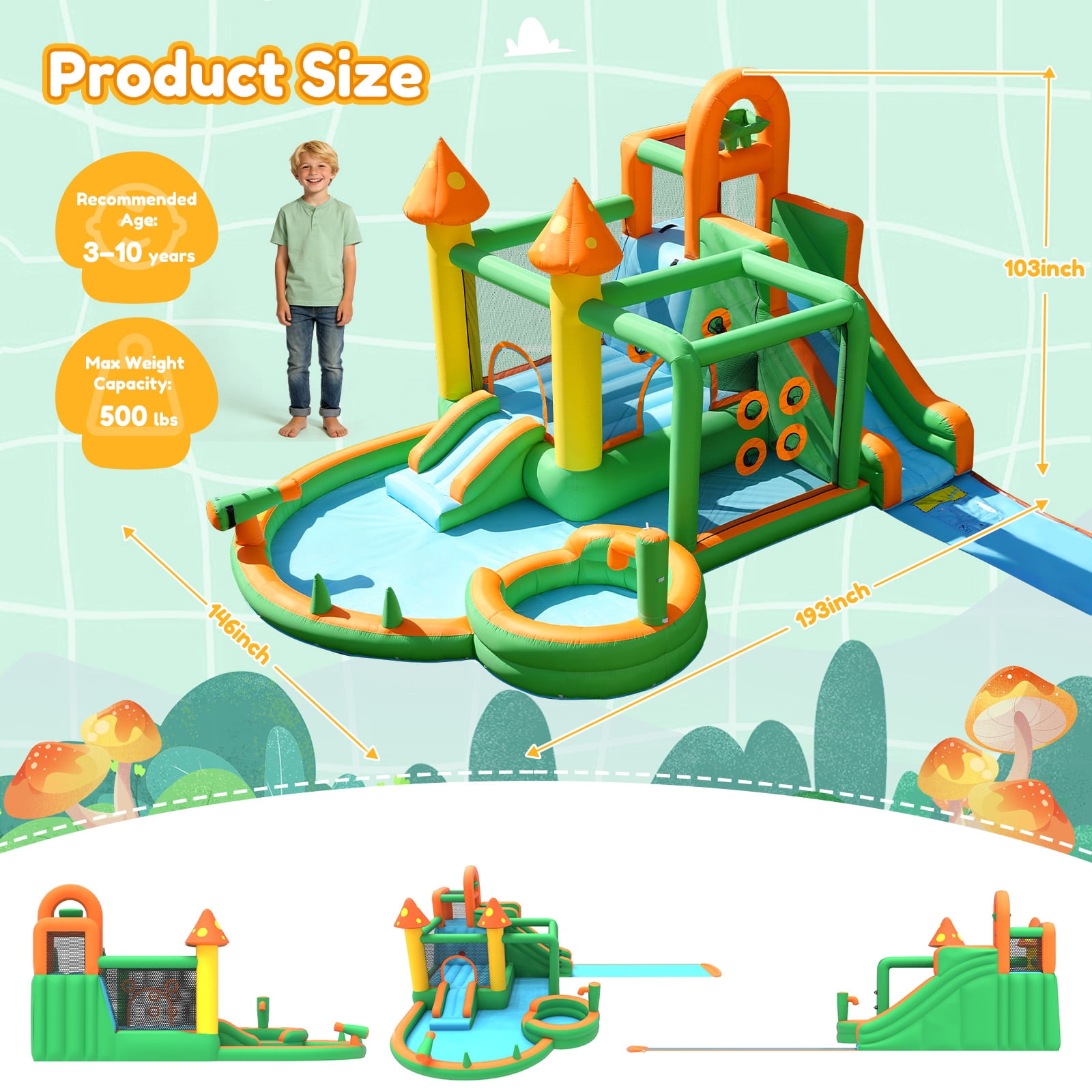 Giant 10 in 1 Inflatable Water Slide with Extended Water Slide, 342"x103"x193" Bounce House with 650 Blower, Ball Shooting, Ring Toss, Deep Pool, Water Bucket, for Kids 3-10