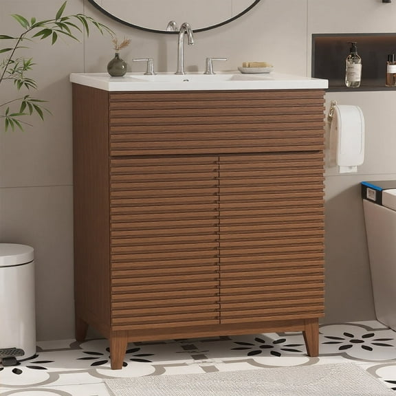 Vabches 36" Bathroom Vanity with Sink Combo,Mid-Century Fluted Bathroom Storage Cabinet with 3 Drawers, Walnut
