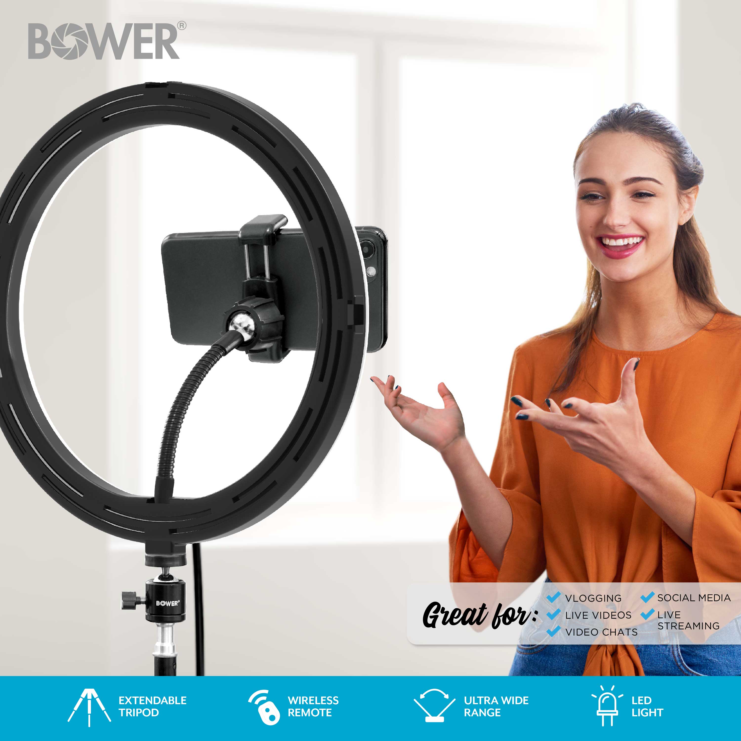 Bower 12” Studio Light USB Power Ball-Head Mount 62" Adjustable Tripod 3 Colors 10 Brightness Levels In-Line Remote - image 2 of 7