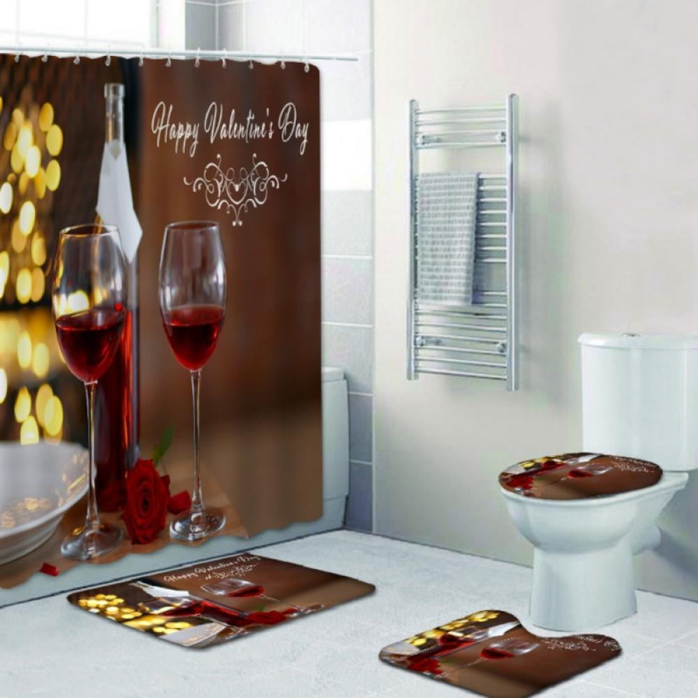 Red Rose and Wine Shower Curtain Set Panel Floral Blooming Flower Romantic Lovers Decor Fabric Bathroom Set Polyester Waterproof 72Wx72H Inch with Plastic Hooks 12 Pack