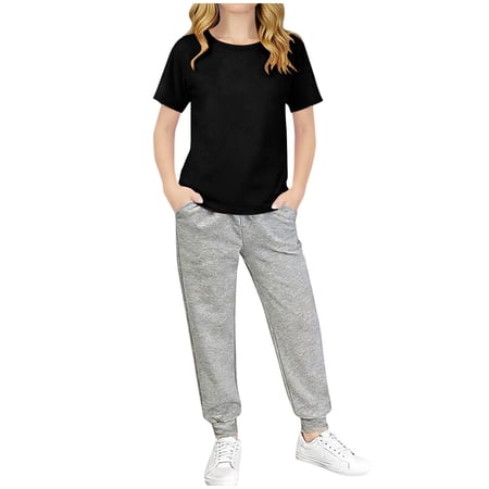 AINIYS Girls Long Sleeve Crew Neck Pullover Soft Stretchy Breathable Two Piece Top And Pants Set For Daily Wear Home Outdoor Black 12-13 Years