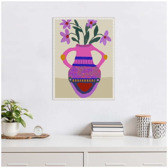 Kate and Laurel Petals of Passion Framed Canvas Wall Art by Inkheart Designs  18 x 24 Sylvie Beaded White, Modern, Abstract, Flowers Art for Wall Decor, Living Room, Bedroom