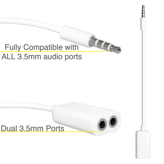 Premium Audio Splitter Flat Tangle free 3.5mm Male to Dual 3.5mm Female Cable - White for iPod, MP3 player, mobile phone, tablet, laptop or CD player(3.5mm jack Supported)