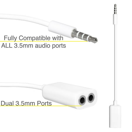 Premium Audio Splitter Flat Tangle free 3.5mm Male to Dual 3.5mm Female Cable - White for iPod, MP3 player, mobile phone, tablet, laptop or CD player(3.5mm jack