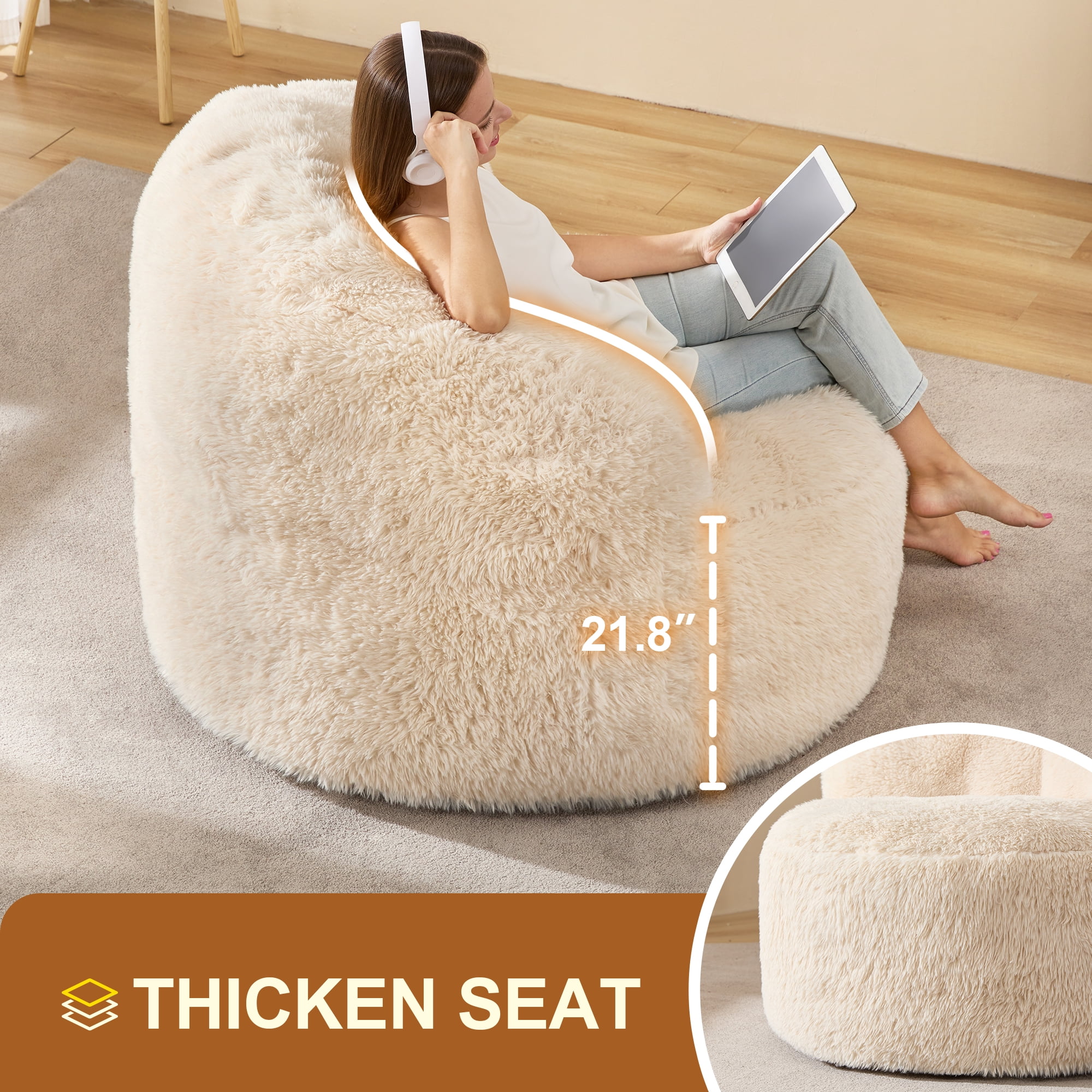 Hobestluk Giant Bean Bag Chairs for Adults Big Bean Bag Chair with Foam Filler Large Beanbags with Stuffed Back Lazy Sofa, White-Oversize
