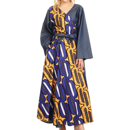 Sakkas Mica Women's Boho Maxi Loose Long Chambray African Wrap Dress with Pockets - 418-Chambray-Blue/yellow - One Size