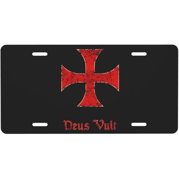 Deus Vult Crusader Templar Cross License Plate Decoration Car Front License Plate, Aluminum License Plate for Any Car 6 X 12 Inch