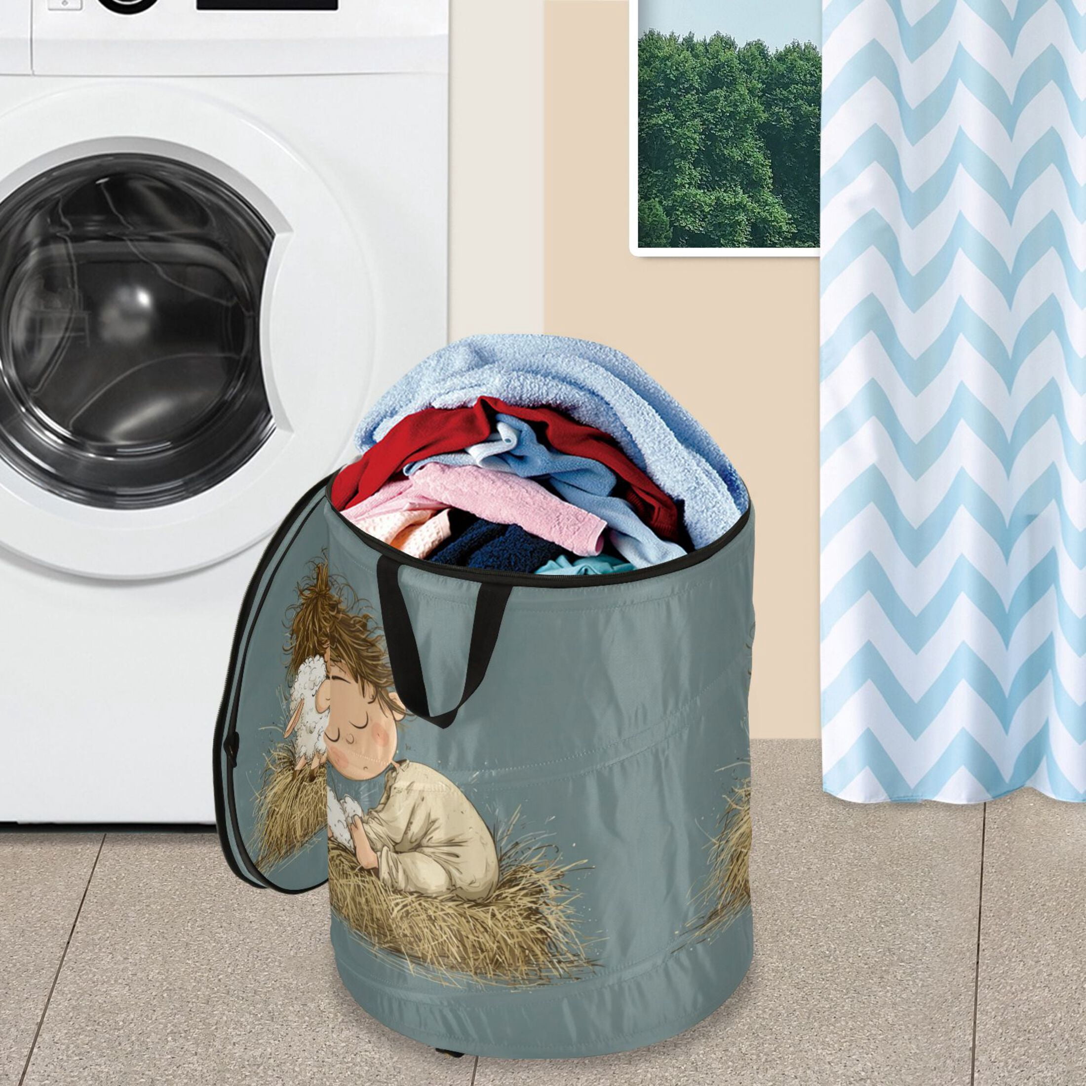 50L Extra Large Popup Hamper Collapsible Laundry Basket With Zippered Lid 15.7x18.5in A Cute Boy Sleeps with Lamb