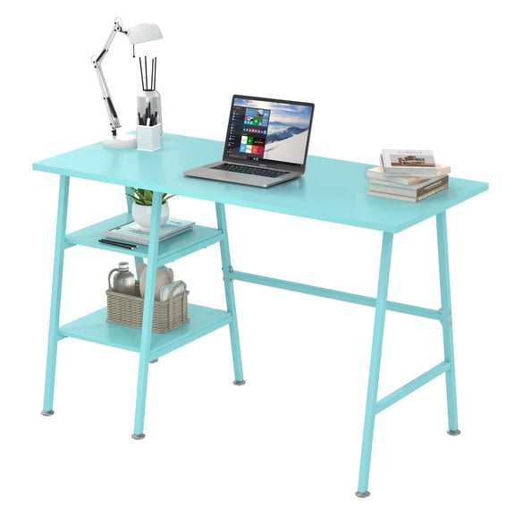 43 Inch Aqua Blue Top Computer Desk With Black Metal Legs, Modern Home Office Writing Desk With 2 Shelves