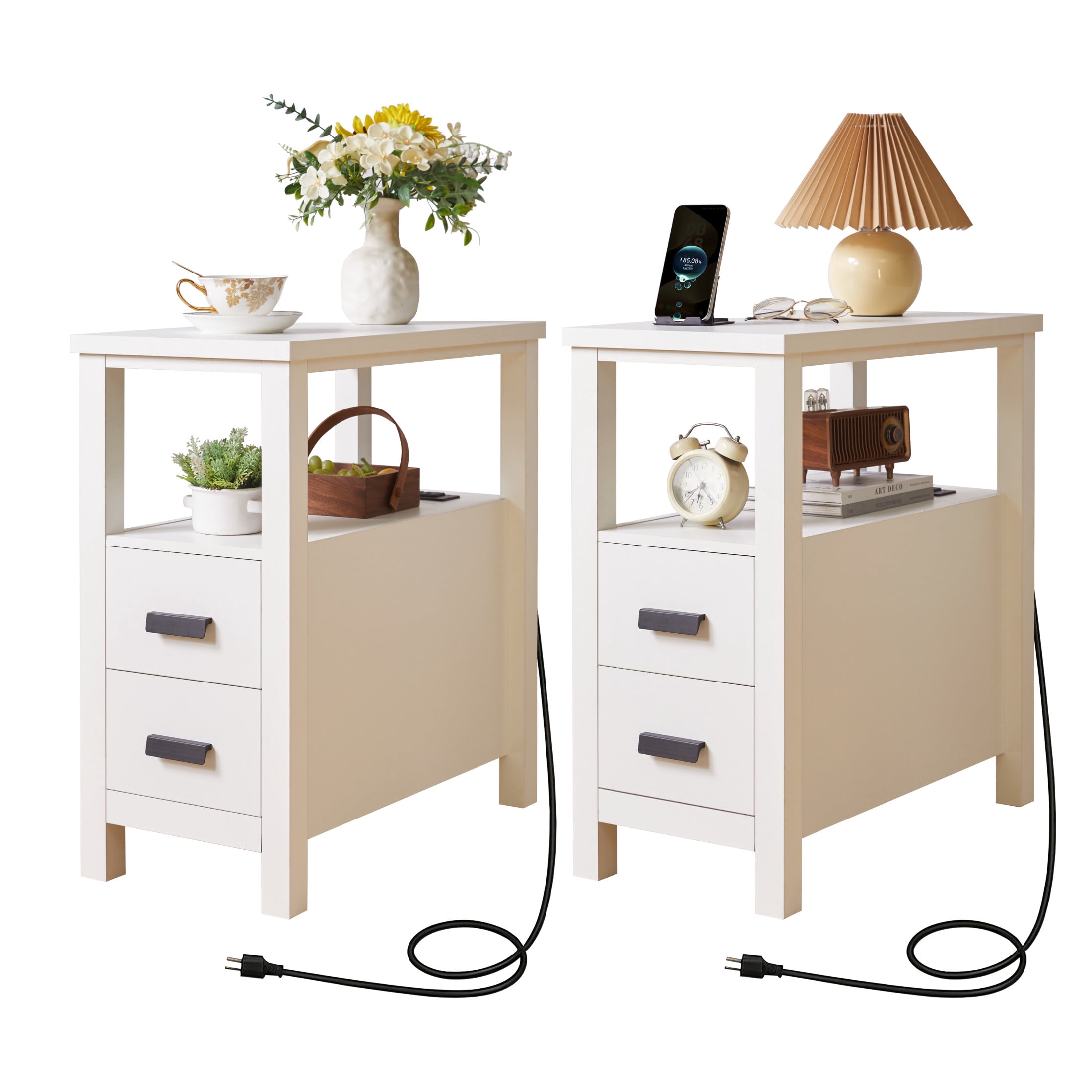 Noble House Marcus Modern End Table with Built-In Charging Station & 2 Drawers, Small Wood Bedside Table, White