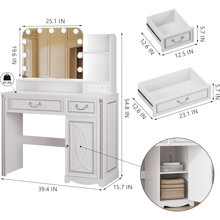 Vanity Desk with Lighted Mirror, 39.4 inch Vintage Makeup Table with Power  Outlet, Bedroom Vanity Dressing Table with Adjustable Lights & 2 Drawers,  Gifts for Teen Girls Women, White - Walmart.com