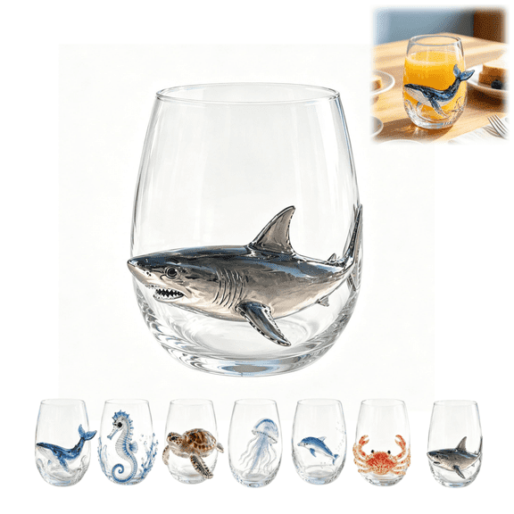 Handmade 3D Ocean Animal Embossed Stemless Glass Cup, 12oz Clear Whale Seahorse Turtle Jellyfish Coastal Artisan Glassware for Wine Water Home Gift, 1Pc