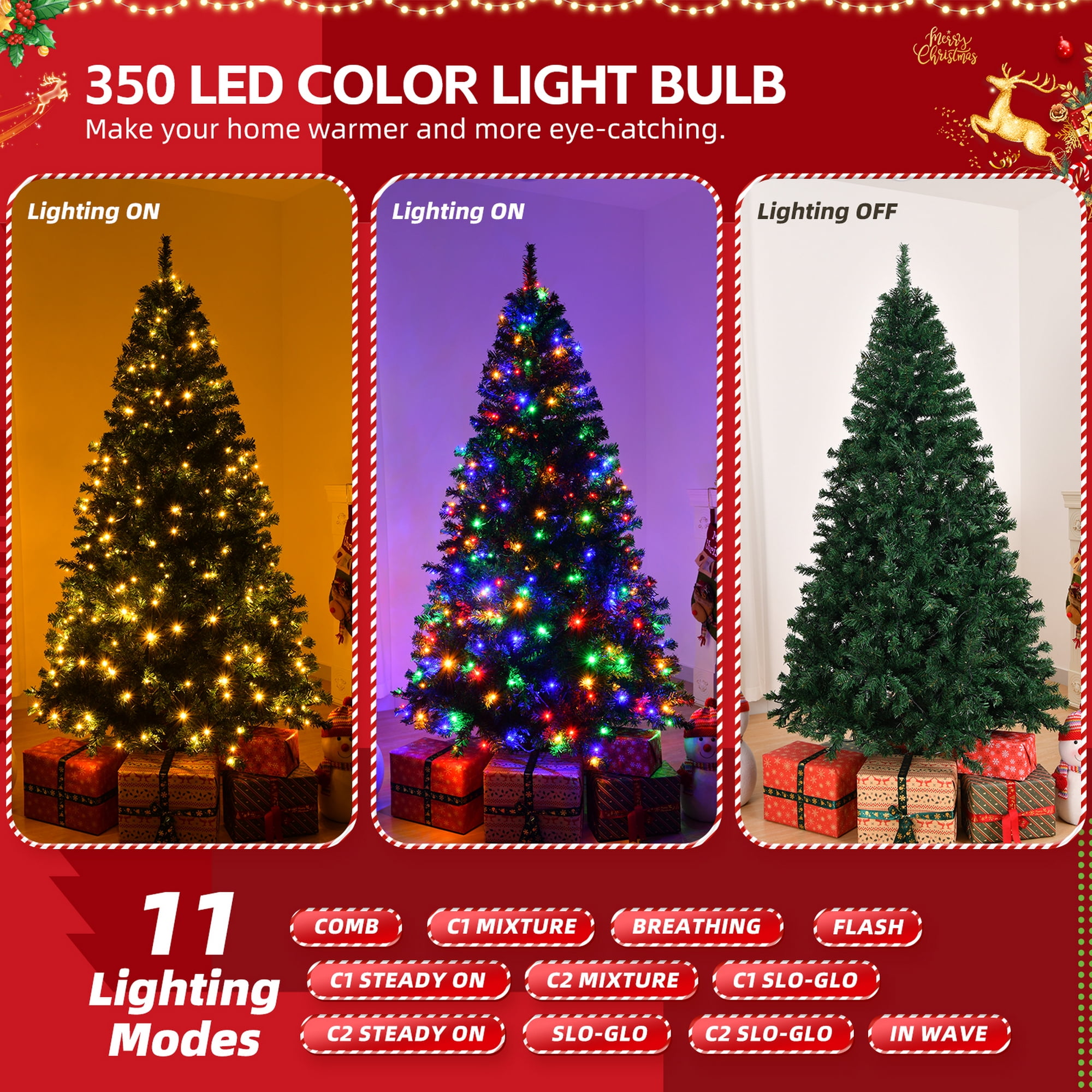 6 FT Pre-lit Artificial Christmas Tree, Hinged Xmas Pine Tree with 1000 Branch Tips, 350 Lights and Remote Control for Holiday Party Office Home, Green