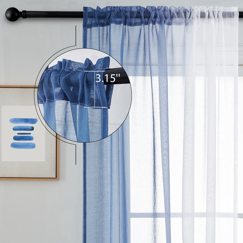 Topfinel Blue Faux Linen Ombre Sheer Curtains,Semi Voile Gradient Rod Pocket Curtains for Bedroom and Living Room, Set of 2 Window Curtain Panels, 54 x 96 Inch Long