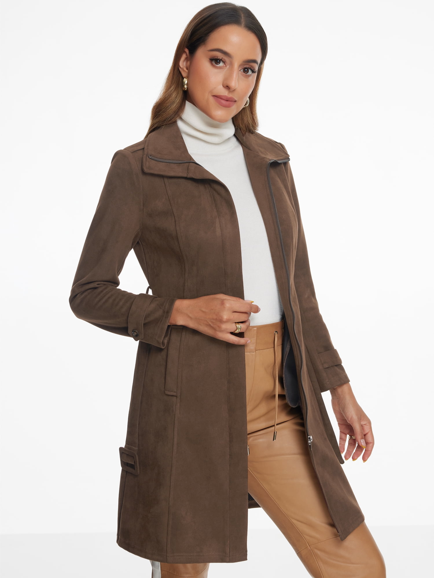 DARING DIVA Women's Faux Suede Coat Belted Zipper Jacket for Stylish Wear M Coffee