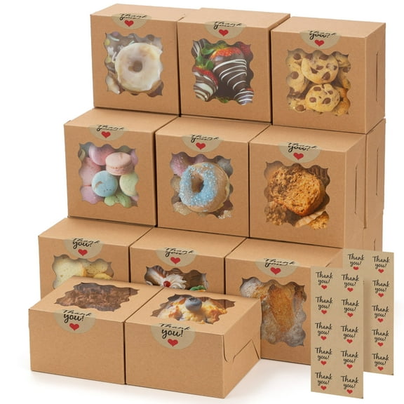 20pcs Brown Cookie Boxes with Window, 4x4x2.5 Inches Small Treat Boxes, Kraft Grease-proof Film Paper Bakery Boxes, Pastry Boxes for Dessert, Strawberries, Cupcake, Gift Giving