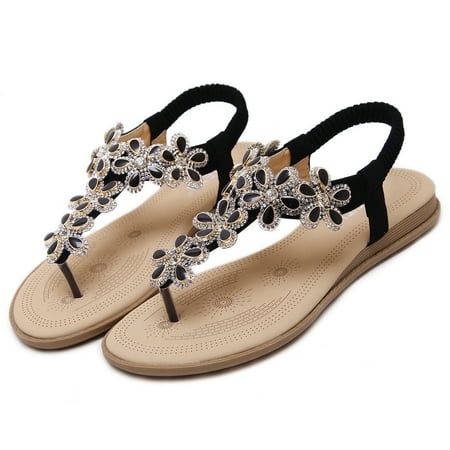 

Women‘s Rhinestone Boho Style Flat Sandals Open Toe Round Toe Elastic Ankle Strap Sandals Women‘s Flip Flop Shoes