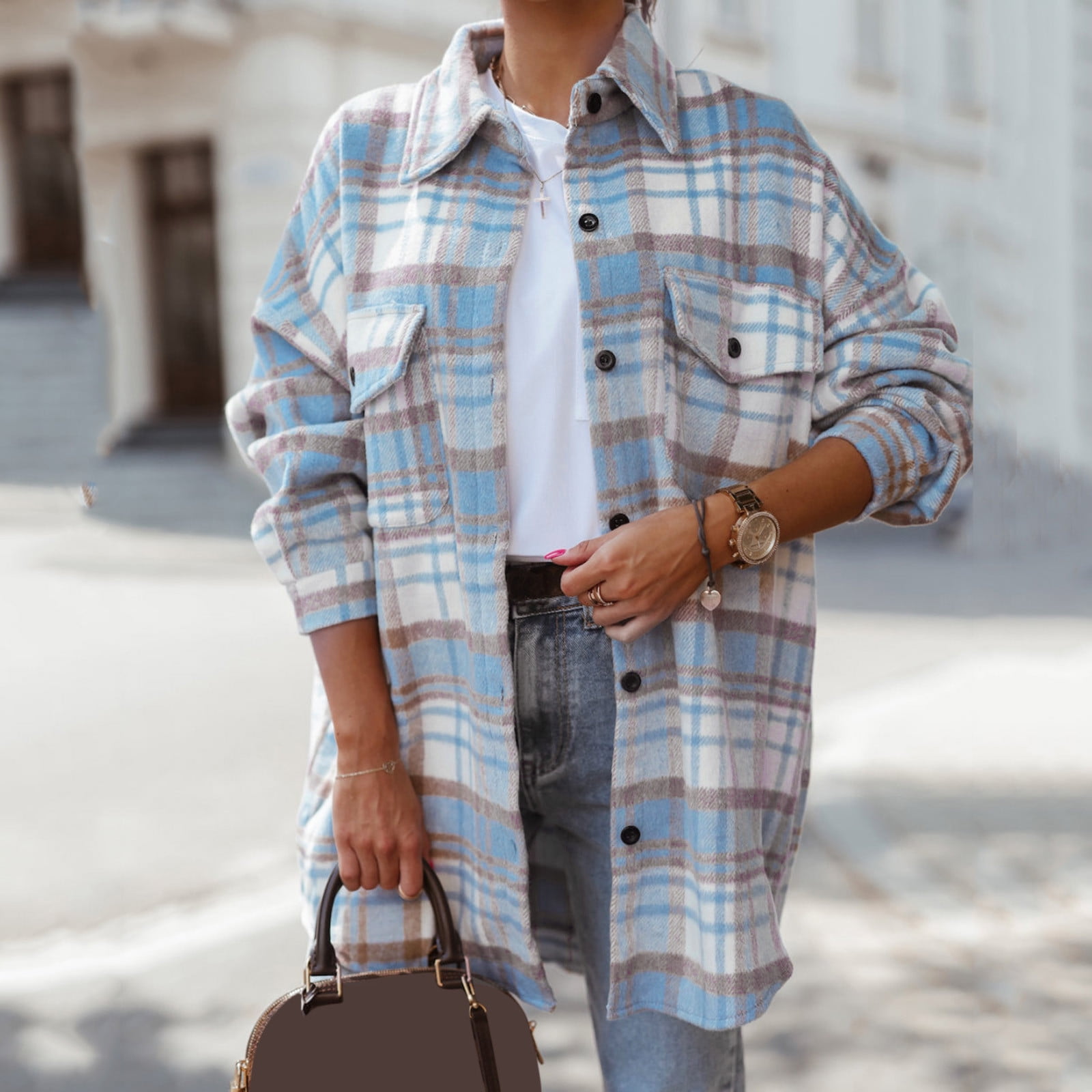 Womens Shirt Short Sleeve Tops for Women Women s Flannel Plaid Light Weight Thin Jacket Shirts Raglan Long Sleeve Button Adult Female Clothes Sky Blue