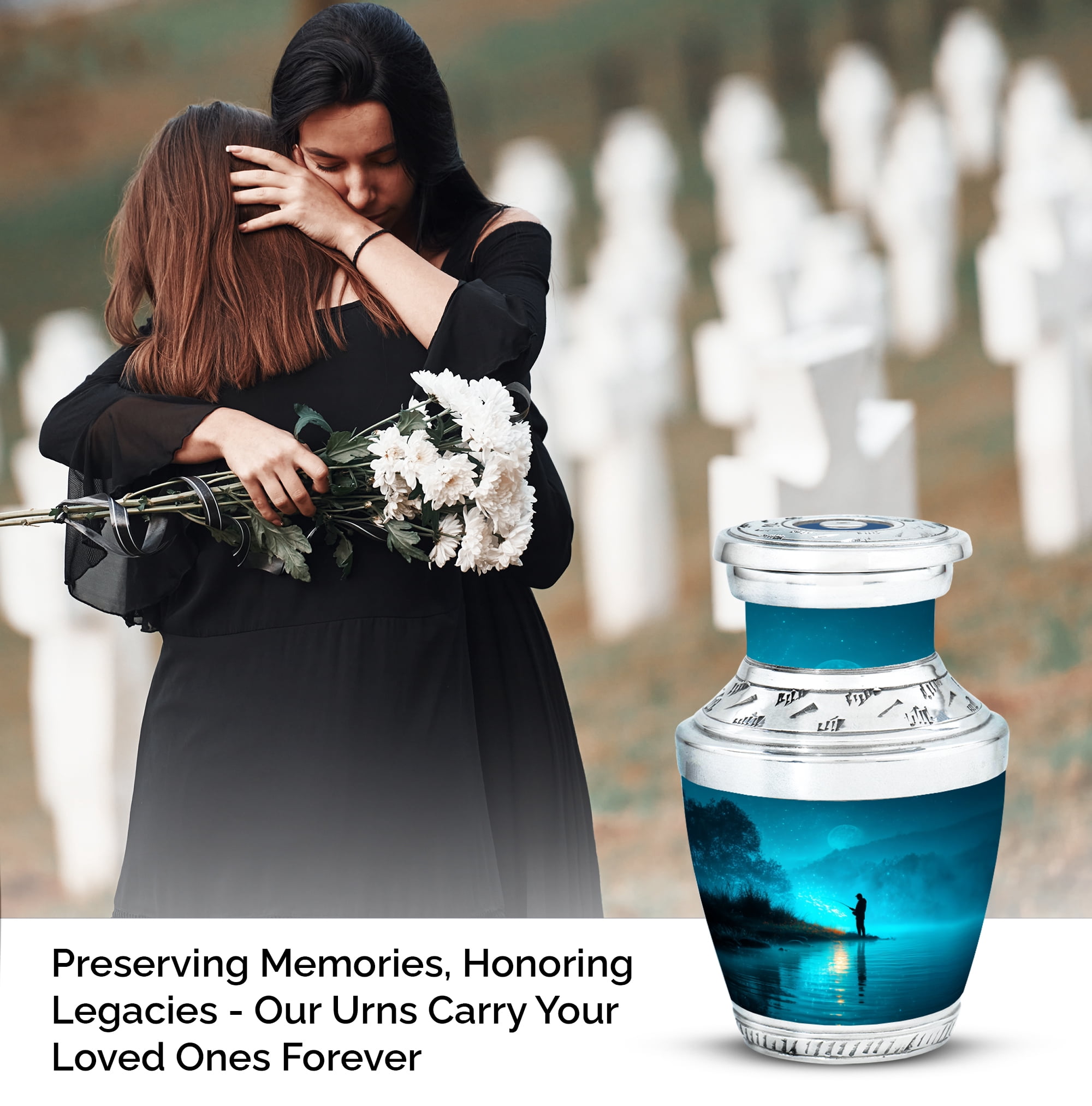 MUKTIVE Fishing Silhouette Keepsake Cremation Urns for Human Ashes - Blue, Evening Small Burial Urn for Adult Human Ashes - Decorative Cremation Containers - Remembrance Gift for Loss of Mom (3 Inch)