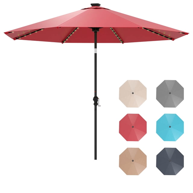 Costway Parasol de Patio Solaire de 10 Pi avec 96 Lumières DEL, Inclinaison Réglable à 35°, Toit Ventilé, Rouge