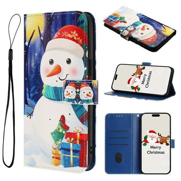 Allytechgroup Merry Christmas Series Case for Apple iPhone 16 Pro Max, Stylish Cute Pattern Design Folio Stand Cards Slots Cash Pocket Flip Wallet Cover Case with Hand Wrist for Women Men