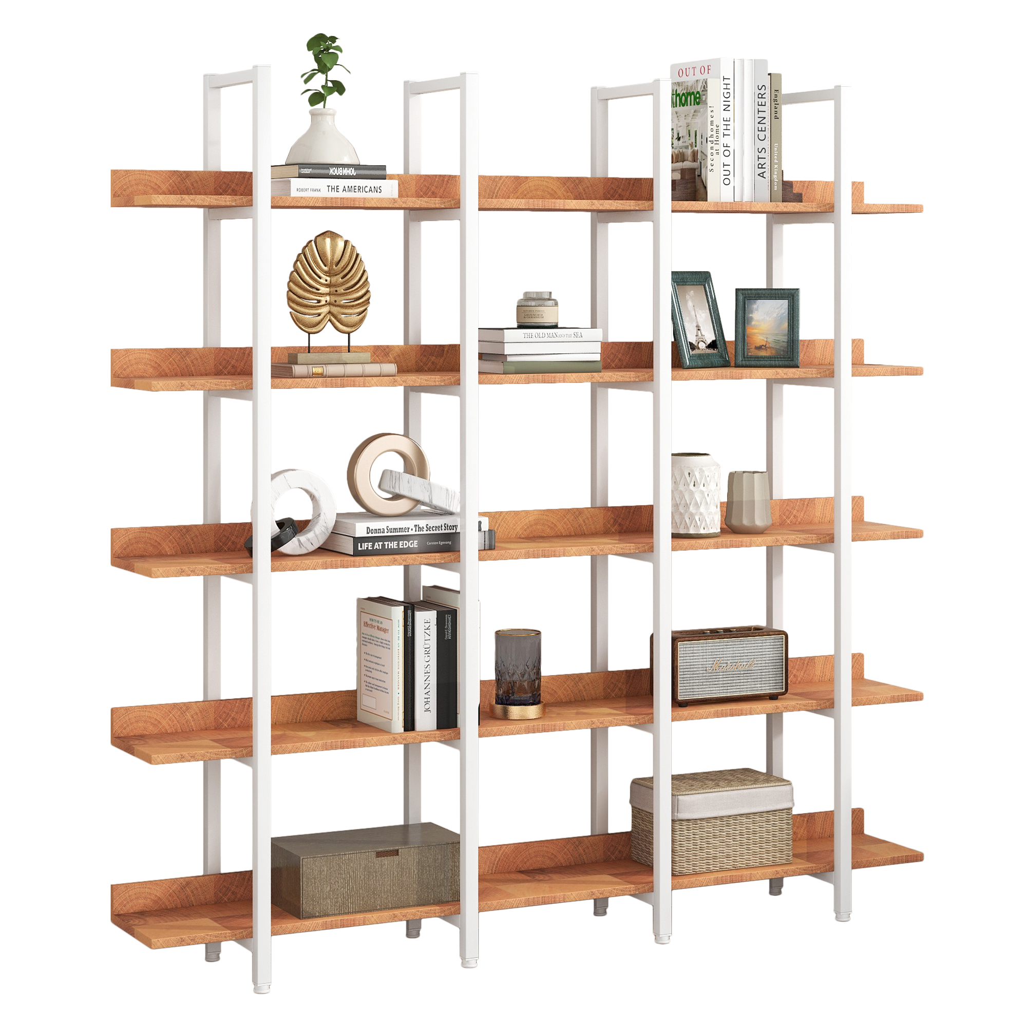 Euroco 5 Tier Bookcase with Open Shelves, Industrial Bookshelf with Metal Frame, 71" Bookshelf for Home Office, Brown & White